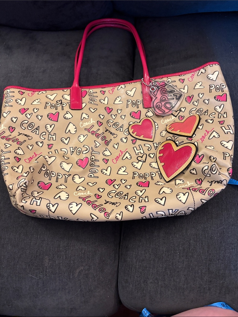 Coach Beige Canvas Tote with Pink Heart Print and Pink Trim